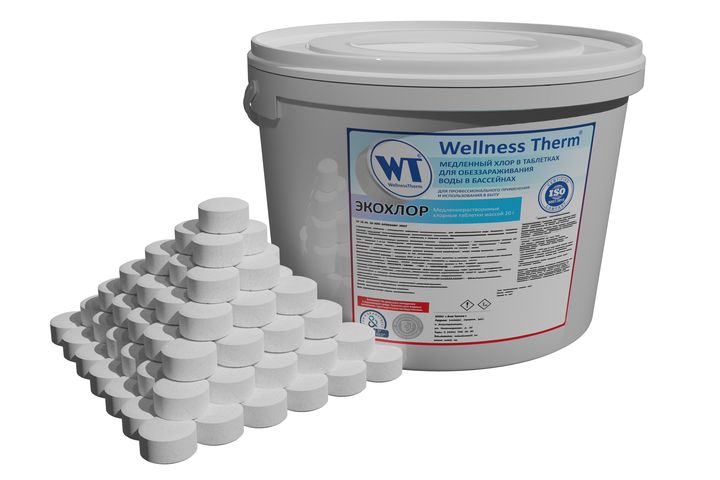 Средство «WT» ЭКОХЛОР (медленный хлор таблетки 20г), ведро 5кг, для оббезараживания воды в бассейнах