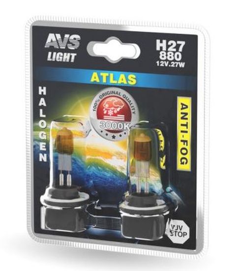 Автолампа галогенная AVS /ATLAS ANTI-FOG/желтый H27/880 12V.27W.блистер-2шт.