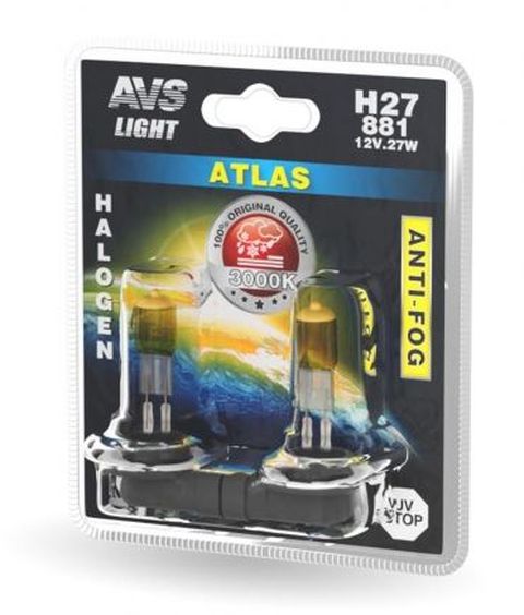 Автолампа галогенная AVS /ATLAS ANTI-FOG/желтый H27/881 12V.27W.блистер-2шт.