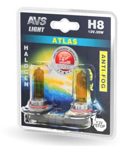 Автолампа галогенная AVS /ATLAS ANTI-FOG/желтый H8.12V.35W.блистер-2шт.