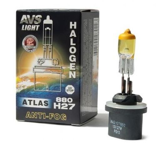 Автолампа галогенная AVS ATLAS ANTI-FOG BOX желтый H27/880 12V.27W (коробка-1шт.)
