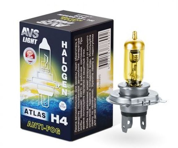 Автолампа галогенная AVS/ATLAS ANTI-FOG/BOX желтый H4.12V.60/55W.Коробка-1шт.
