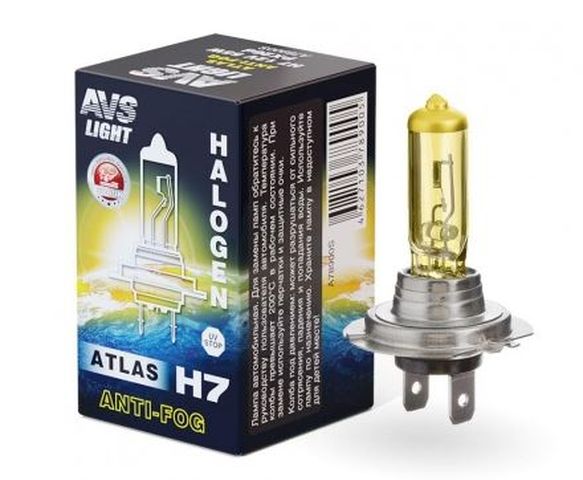 Автолампа галогенная AVS/ATLAS ANTI-FOG/BOX желтый H7,12V.55W.Коробка-1шт.
