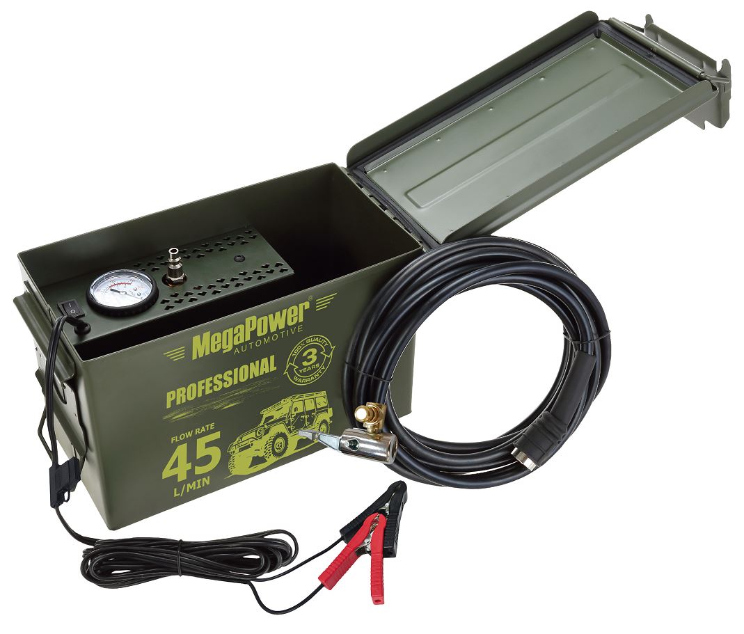 Компрессор 45л/мин 14А, 180W поршневой 150PSI PROFESSIONAL шланг 5м металл. короб 12V MEGAPOWER M-17