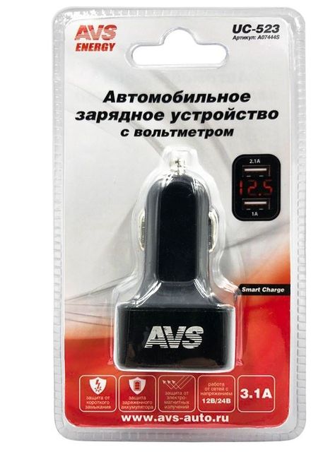 Автомобильное зарядное устройство USB AVS 2 порта UC-523 (3А,черный) с вольтметром