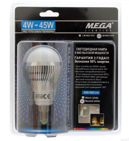 Лампа светодиодная LM-0627-E14 WARM WHITE 6 SMD LED 4W=45W угол освещения 150° (108мм, Ø50мм) 170-24