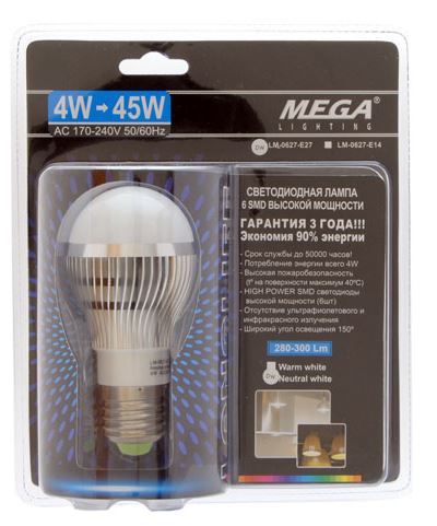 Лампа светодиодная LM-0627-E27 WARM WHITE 6 SMD LED 4W=45W угол освещения 150° (102мм, Ø50мм) 170-24