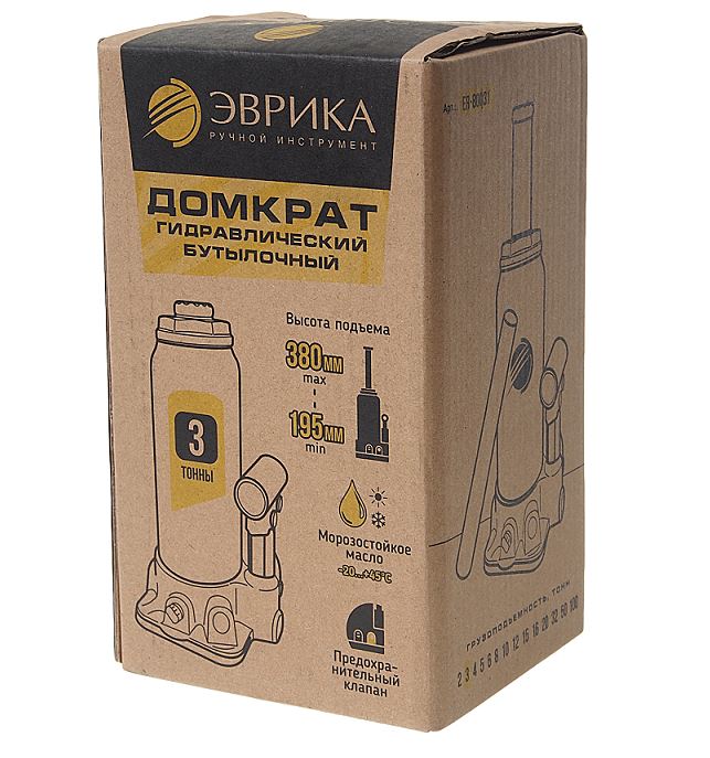 Домкрат бутылочный  3т 195-380мм с клапаном + ремкомплект  ЭВРИКА ER-80031 /1/5