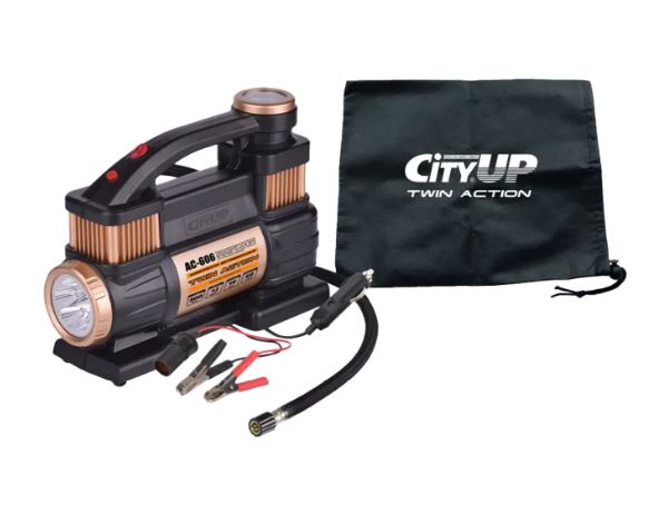 Компрессор 60 л/мин 300W 12V 10 Атм двухпоршневой с LED фонарем TWIN ACTION City UP AC-606 /1/6/