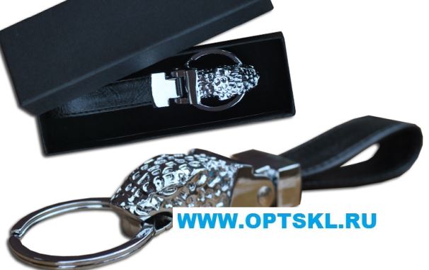 Брелок AA0741 - Без логотипа - черная кожа, хром,кольцо, голова Леопарда, в подарочной упаковке