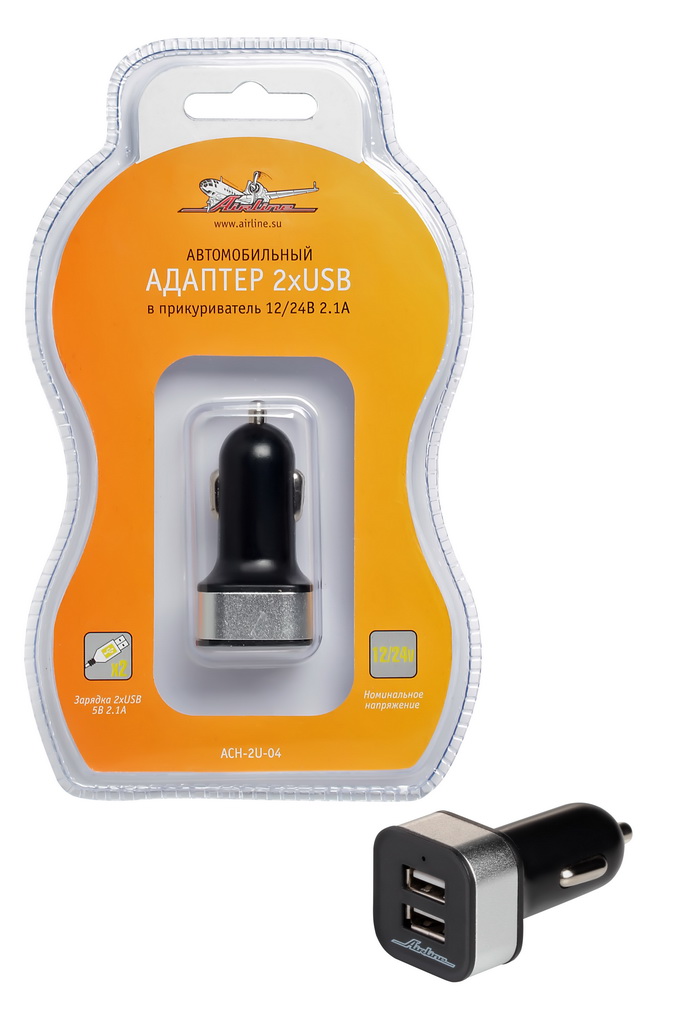 Адаптер USB AIRLINE  2хUSB 2.1А в прикуриватель 12/24В ACH-2U-04