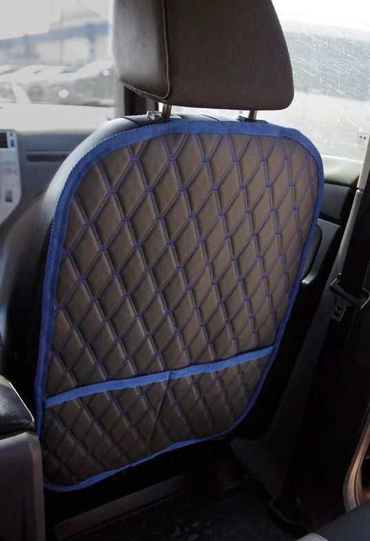 Накидка защитная на спинку сиденья , черный/синяя нить/синий кант, экокожа