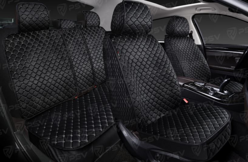 Накидки 5D PSV Velur Next (Черный/Отстрочка белая), комплект на весь салон, велюр, ромб Звезда