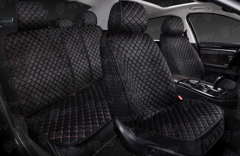Накидки 5D PSV Velur Next (Черный/Отстрочка красная), комплект на весь салон, велюр, ромб Звезда