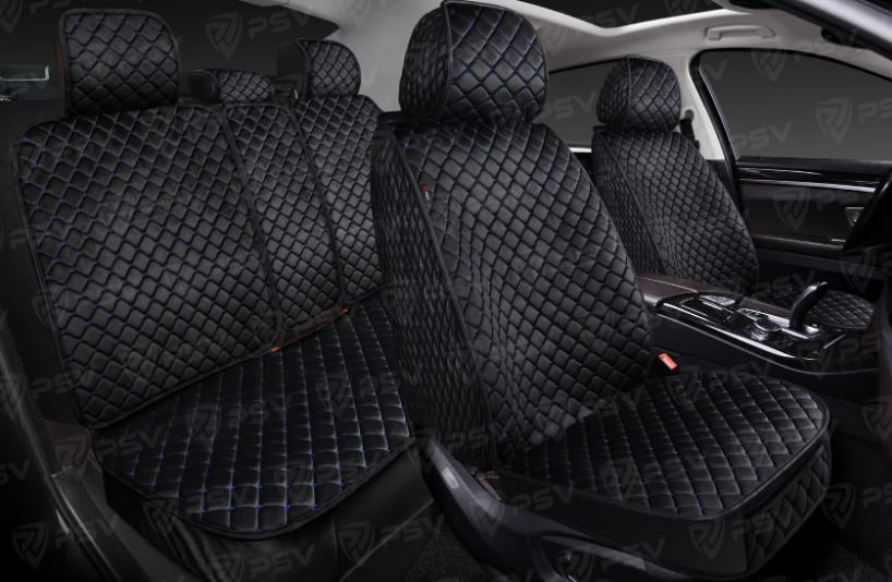 Накидки 5D PSV Velur Next (Черный/Отстрочка синяя), комплект на весь салон, велюр, ромб Звезда
