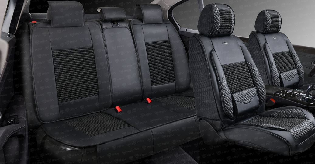 Накидки 5D PSV Volt (Черный/Отстрочка Белая), комплект на весь салон, экокожа + льняное плетение (