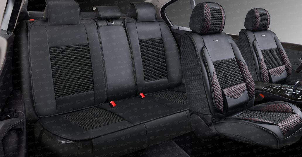 Накидки 5D PSV Volt (Черный/Отстрочка Красная), комплект на весь салон, экокожа + льняное плетение