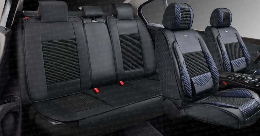 Накидки 5D PSV Volt (Черный/Отстрочка Синяя), комплект на весь салон, экокожа + льняное плетение (