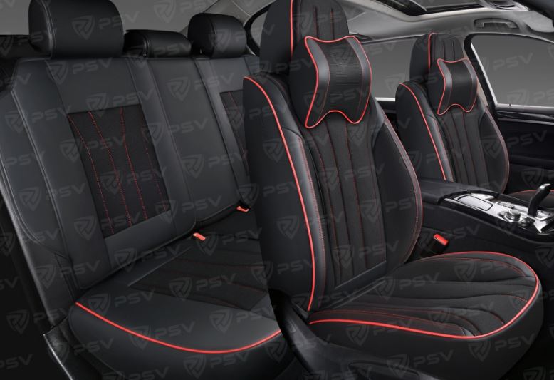 Накидки 5D PSV Wonder (Черный/Отстрочка красная), комплект на весь салон