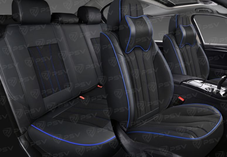 Накидки 5D PSV Wonder (Черный/Отстрочка синяя), комплект на весь салон