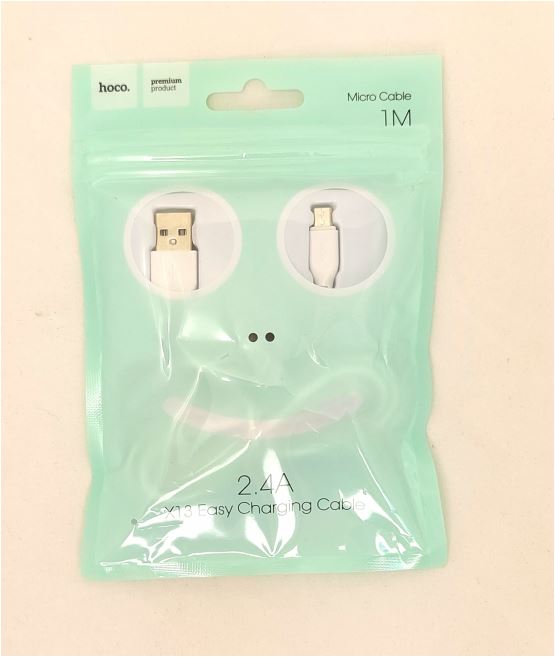 Кабель  micro USB hoco "СМАЙЛ" 2,4А, белый 1 м, упаковка подвес
