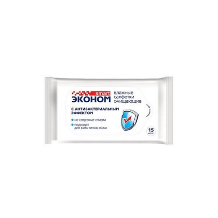 Салфетки влажные ESM-30026 "ЭКОНОМ" универсальные антибактериальные (15х18см) в мягкой упаковке (15ш