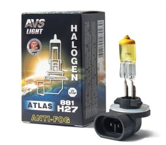 Автолампа галогенная AVS ATLAS ANTI-FOG BOX желтый H27/881 12V.27W (коробка-1шт.)