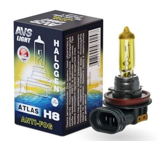 Автолампа галогенная AVS ATLAS ANTI-FOG BOX желтый H8.12V.35W (коробка-1шт.)