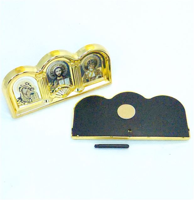 Икона автомобильная  "Святая троица" скотч+подставка золото (размер 13*6,5см) пластик